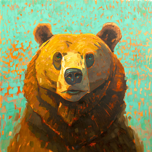 Golden Hour is a painting of a bear with a textured teal background